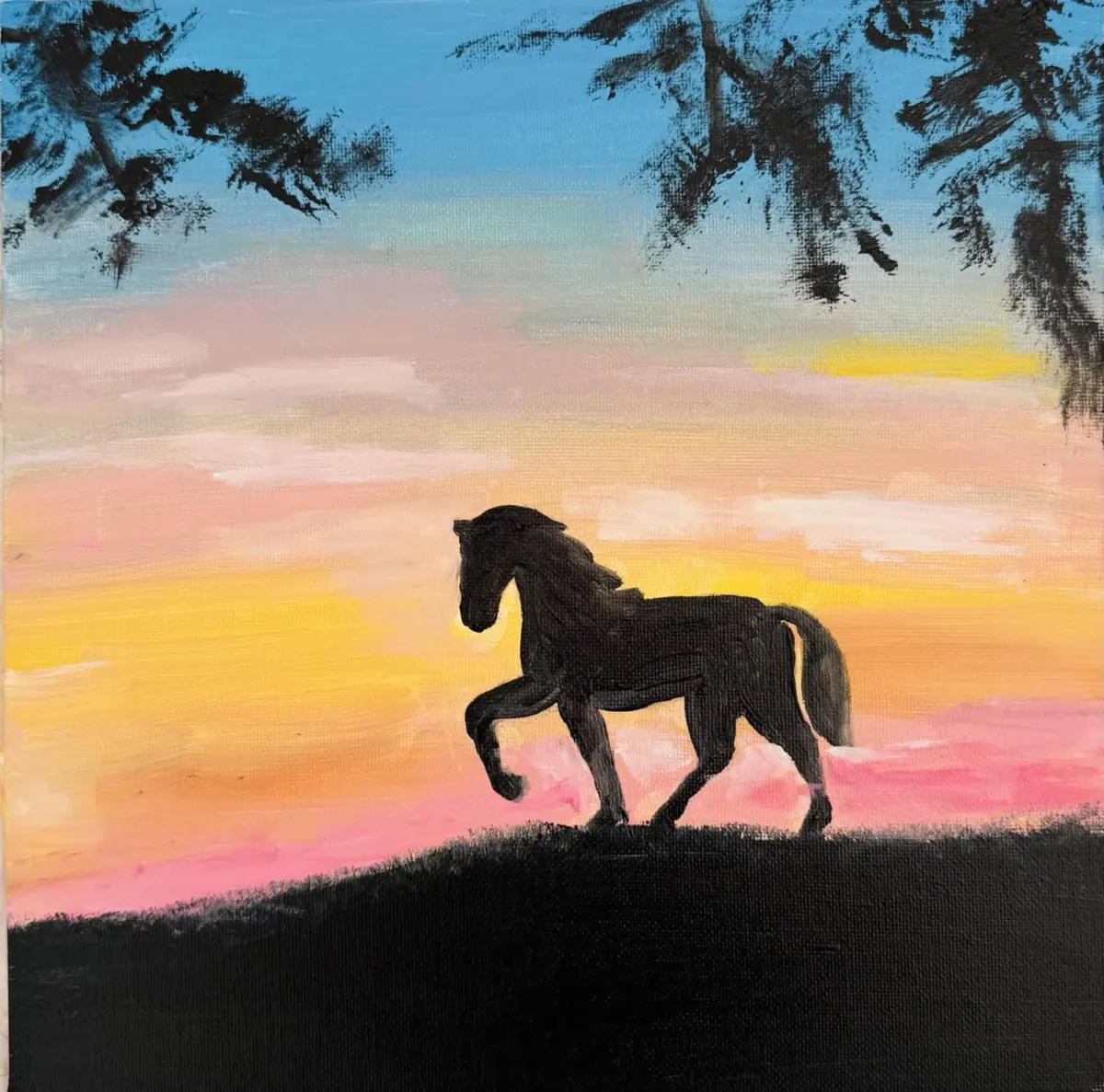 Sample painting of a horse silhouette walking across a pink and gold sunset