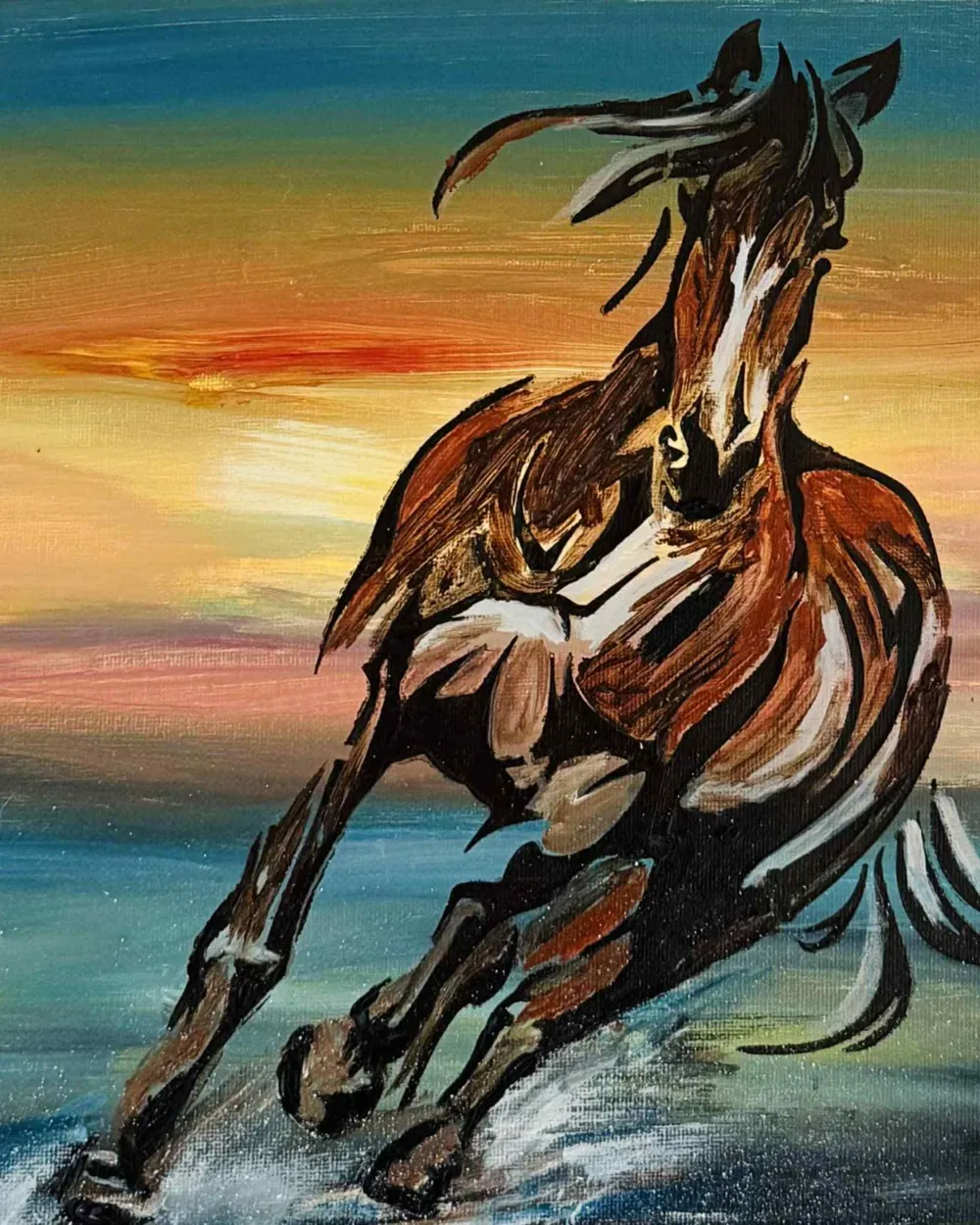 Sample painting: a horse running through the surf at sunset in warm orange, blue and black strokes
