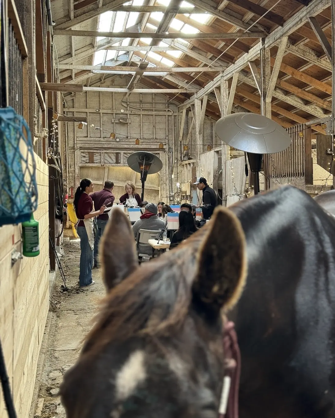 A dark horse in the foreground of the barn aisle while guests paint at tables behind